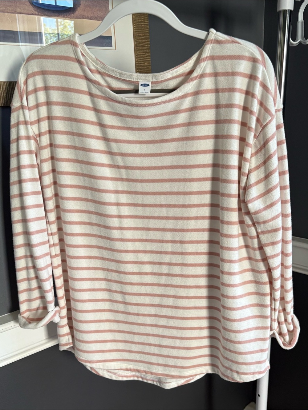 Old Navy Pink White Striped French Terry Top Large